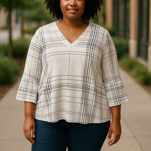 H&M Plaid V-Neck Blouse | Size 12 | Bell Sleeve Top